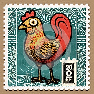 Vintage Rooster Postage Stamp With Graphic Novel-inspired Design