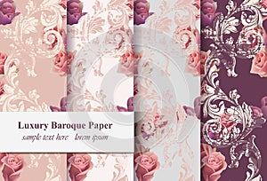 Vintage rose flowers and baroque ornament pattern set Vector. Grunge old paper textures background