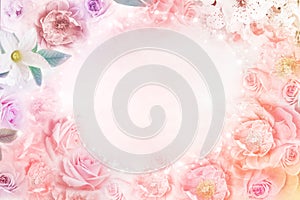 Vintage roses flower background with copy space for valentine and wedding card  in soft peach blossom tone