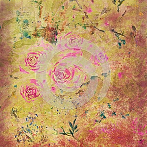 Vintage roses painting on old paper. Distressed textured paper surface. Grunge stains on floral sheet.