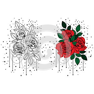 Vintage roses. Set of gothic tattoos. Collection of graphic and color isolated illustrations