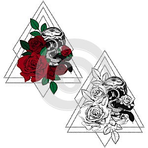 Vintage roses and skull. Set of gothic tattoos. Collection of graphic and color isolated illustrations