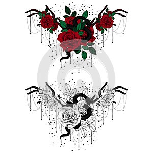 Vintage roses and snakes. Set of gothic tattoos. Collection of graphic and color isolated illustrations
