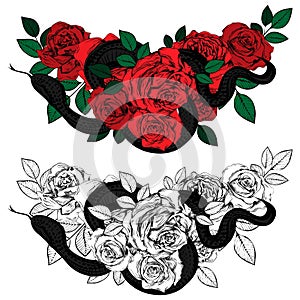 Vintage roses and snakes. Set of gothic tattoos. Collection of graphic and color isolated illustrations