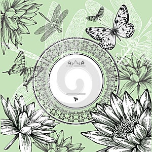 Vintage round frame with water lilies, butterflies