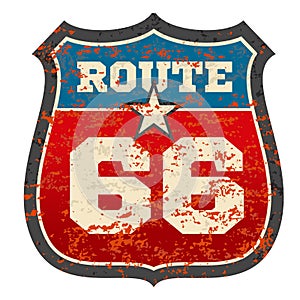 Vintage route 66 road sign with grunge distressed rusted texture vector illustration