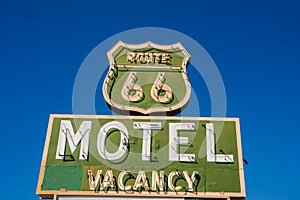 Vintage Route 66 Motel Sign, Barstow, USA in Blue Sky photo