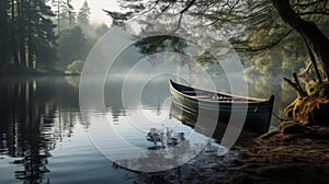 Vintage rowboat on tranquil lake with reflections
