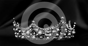 Royal luxury diadem with crystals, diamonds. Black and white photo