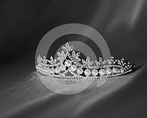 Vintage royal luxury diadem with pearls. Black and white photo