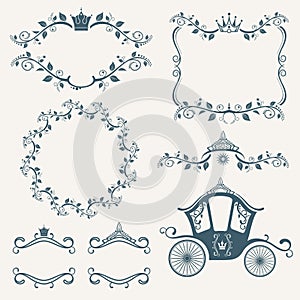 Vintage royalty frames with crown, diadems, carriages vector set