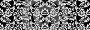 Vintage russian ornament for black white floral print. Seamless pattern. Background khokhloma design.