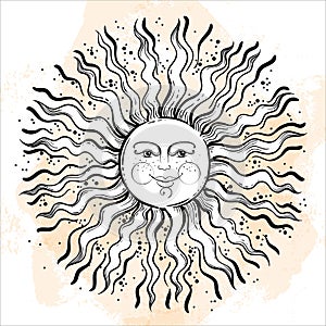 Vintage russian style sun. Medieval ornamental solar symbol. Vector hand-drawn ethnic illustration. Astrology, astronomy.