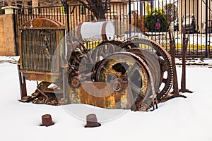 Vintage Rusted Engine & Cable in Winter