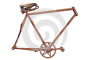 Vintage rusted and weathered bicycle frame with leather saddle isolated on white