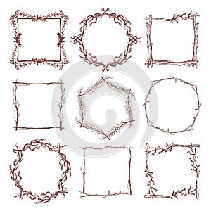 Vintage rustic branch frame borders, hand drawn vector set