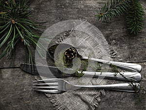 Vintage rustic cutlery set with country style napkin and Christmas decoration - fir tree brunch, cone on wooden background. Copy