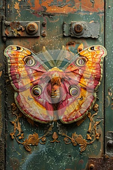 Vintage Rustic Door with Vibrant Butterfly Artwork Decoration, Aged Metal Textures and Artistic Urban Detail