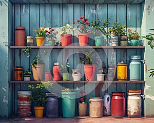 Vintage Rustic Garden Shelves with Colorful Flower Pots, Plants and Mason Jars Against Blue Wooden Background