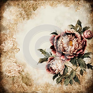 Vintage rustic grunge background with peonies and with a place for your text