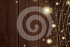 Vintage rustic wood background string lights for invitation