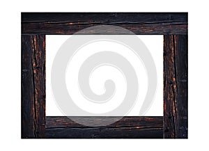 Vintage rustic wood frame isolated on white background old dark brown planks. Retro vintage frame ideal for advertisement.