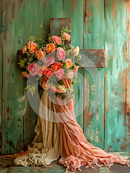 Vintage Rustic Wooden Cross with Refreshing Floral Arrangement and Elegant Fabric Drapery on Textured Turquoise Background