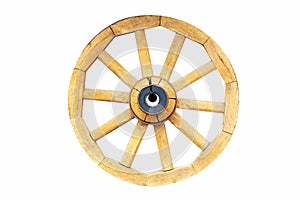 Vintage rustic wooden wagon carriage wheel isolated on white background