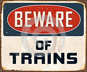 Vintage Rusty Beware of Trains Metal Sign.