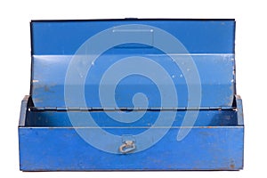 Vintage rusty blue steel tool box isolated photo
