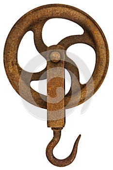 Vintage rusty crane hook isolated on white