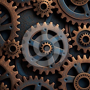 Vintage rusty gears, square steampunk industrial background. Blue and cooper brass cog wheels. Generative AI image