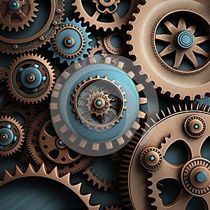 Vintage rusty gears, square steampunk industrial background. Blue and cooper brass cog wheels. Generative AI image