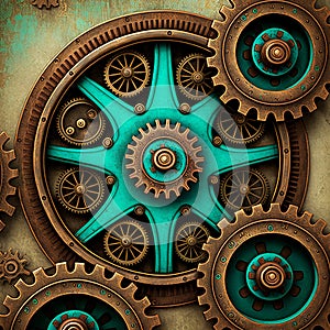 Vintage rusty gears, square steampunk industrial background. Turquoise and cooper brass cog wheels. Generative AI image