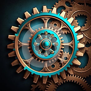Vintage rusty gears, square steampunk industrial background. Turquoise and cooper brass cog wheels. Generative AI image