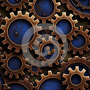 Vintage rusty gears, square steampunk industrial background. Utramarine and cooper brass cog wheels. Generative AI image