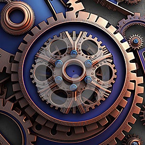 Vintage rusty gears, square steampunk industrial background. Utramarine and cooper brass cog wheels. Generative AI image