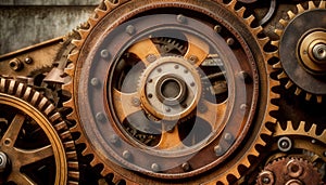 Vintage rusty Machinery gears steampunk background. Generative AI