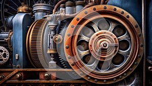 Vintage rusty Machinery gears steampunk background. Generative AI