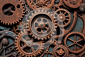 Vintage rusty Machinery gears steampunk background. Generative AI