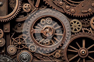 Vintage rusty Machinery gears steampunk background. Generative AI