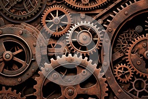 Vintage rusty Machinery gears steampunk background. Generative AI