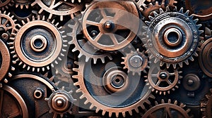 Vintage rusty Machinery gears steampunk background. Generative AI