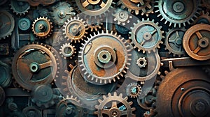 Vintage rusty Machinery gears steampunk background. Generative AI