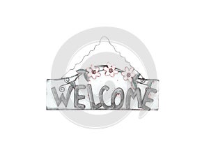 Vintage rusty metal sign with welcome text and flowers pattern hanging on old steel isolated on white background , clipping path