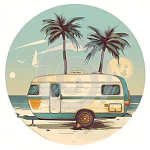 Vintage RV graphic with palm tree, sun, and birds in a retro sunset circle