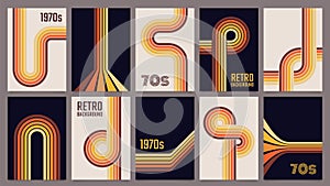 Vintage 70s geometric posters, abstract retro stripes backgrounds. Minimalist 1970s style color lines print or poster photo