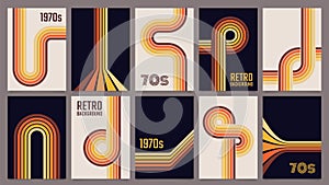 Vintage 70s geometric posters, abstract retro stripes backgrounds. Minimalist 1970s style color lines print or poster template