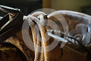 Vintage saddle in an old barn photo