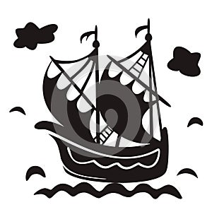 Vintage sailboat floating on waves, black and white vector illustration with ship in sea.